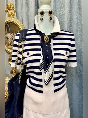 Navy & White Striped Short Sleeve Knit Top